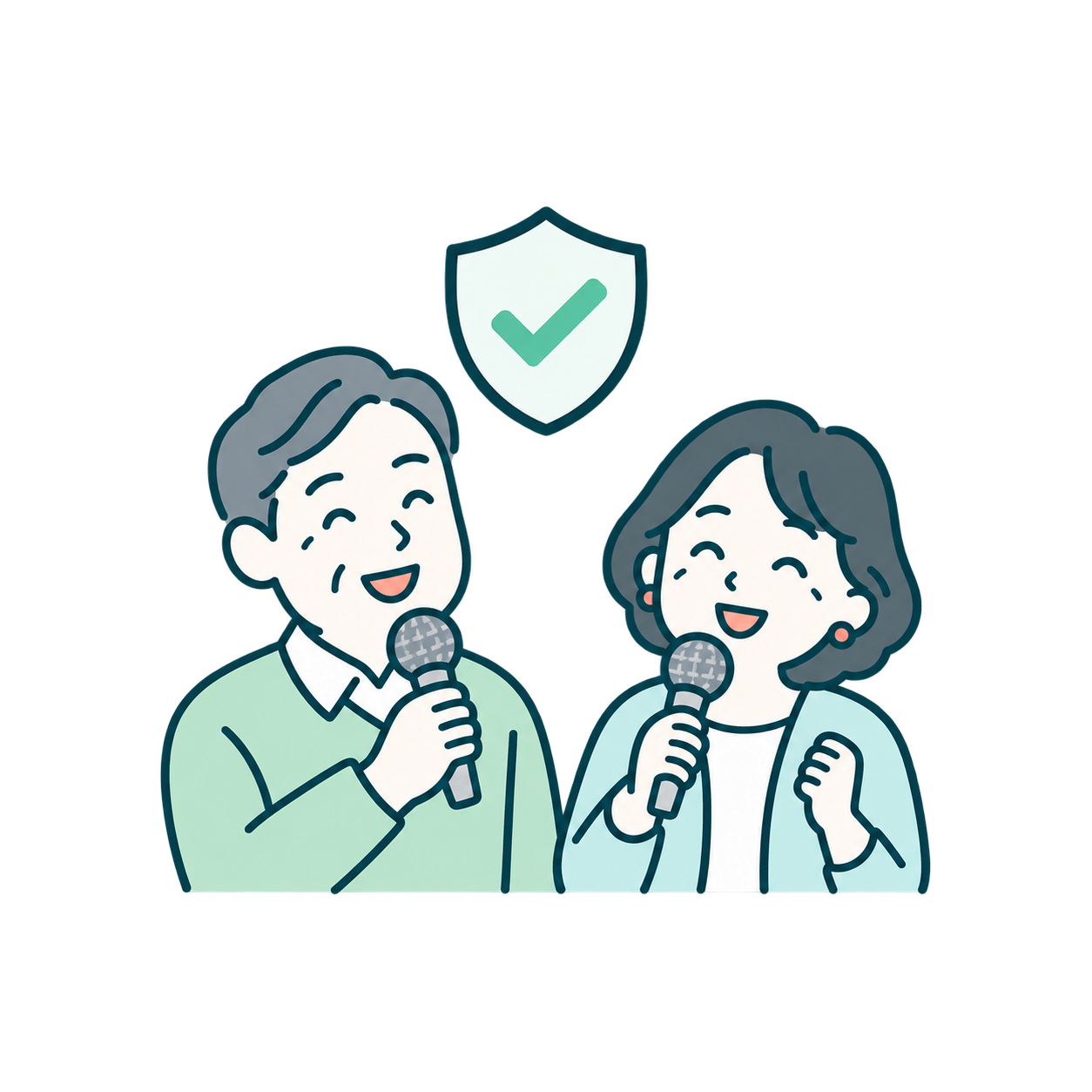 安心してカラオケを楽しむ大人を表す線画イラスト